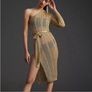 Anthropologie Maeve Gold Metallic One Shoulder Knit Dress Swim Cover Up One Size